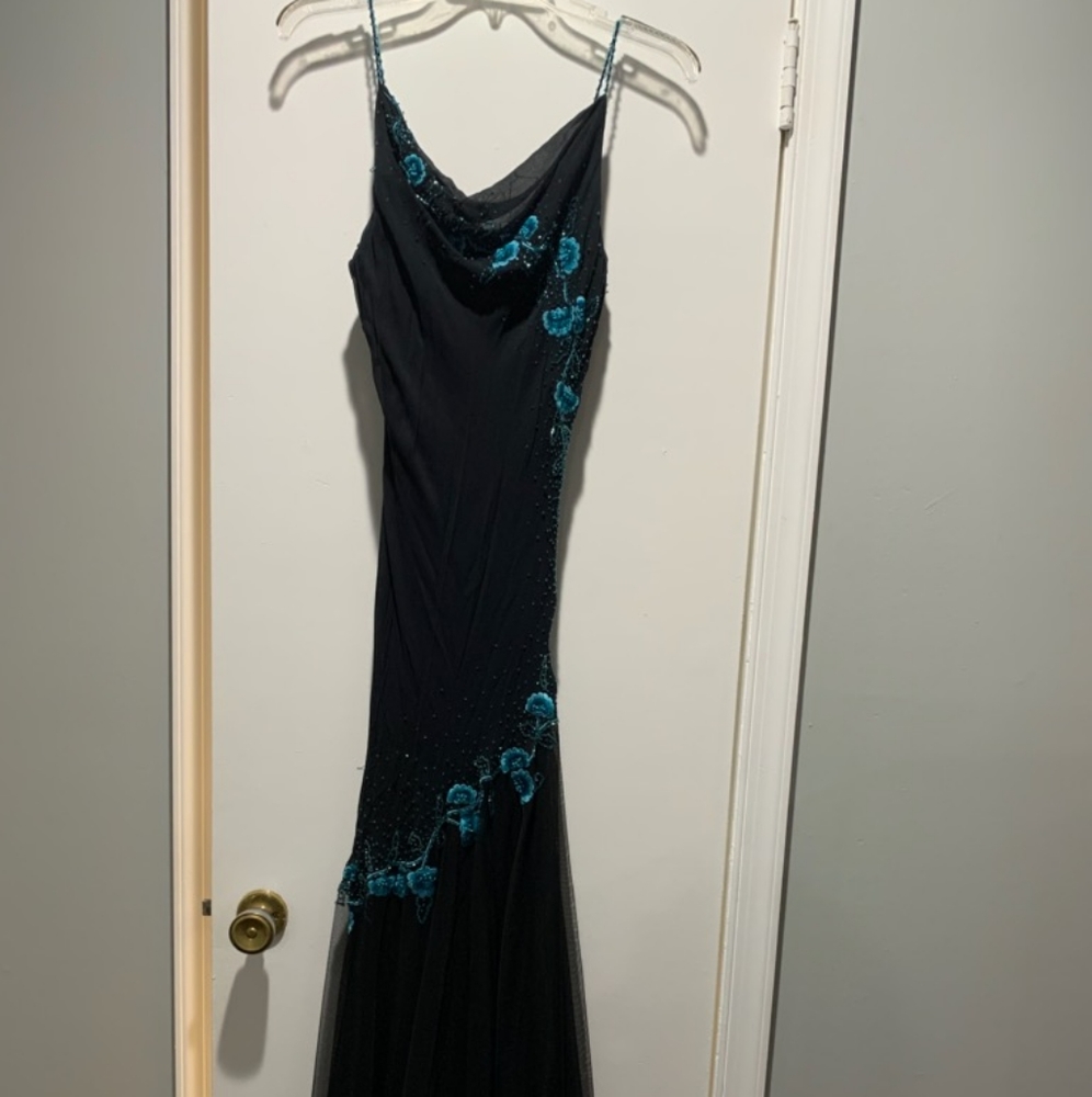 black and aqua beaded dress